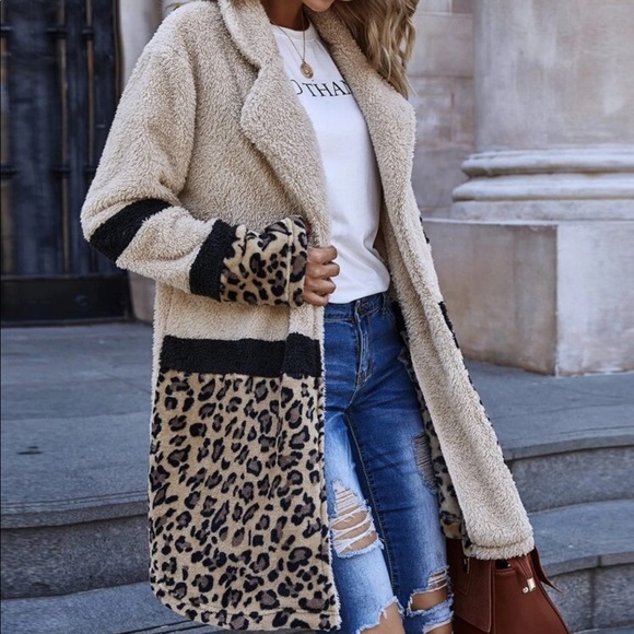 Leopard print teddy jacket trench coat faux fur - Picture 3 of 3